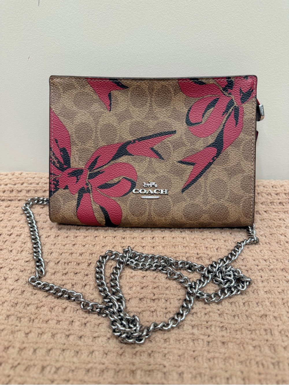 COACH Brown Signature Crossbody with Pink Floral Accents